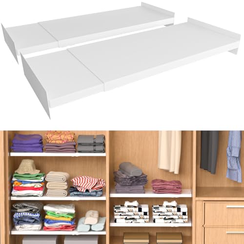 Slideep Adjustable Closet Storage Shelves, Expandable Wardrobe Shelf with Seamless Sticker Heavy Duty Clothes Hanger Rack DIY Divider RV Separator for Cabinet Pantry Cupboard Kitchen, 2Pack - size: 15.8"D x 16.9"W
