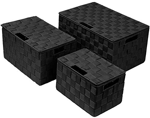 Sorbus Set of 3 Black Woven Storage Baskets with Lids – Mesh Hand-Woven Bins for Closet, Shelf, and Linen Organization – Variety Pack - color: Black