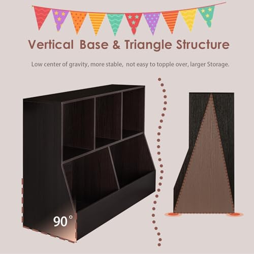 DINZI LVJ Toy Storage Organizer, Kids Bookshelf, Wood Toy Storage Cabinet, 5 Cubby Children Bookcase, 43.3" L Toddler Book Shelf for Playroom, Living Room, Nursery, Hallway, School, Espresso - color: Espresso, size: 2-Tier 43.3"