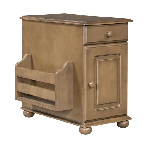 Multifunctional Vintage End Table Flip Top Side Table with USB Ports and 1 Drawer with Cup Holders, Sofa Side Narrow Table Nightstand with Bookshelf for Living Room Bedroom (Brown-5.8) - color: Brown-5.8