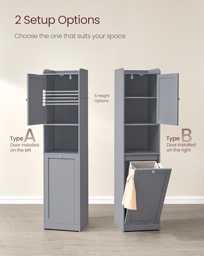 VASAGLE Tall Storage Cabinet, Storage Unit with Removable Laundry Basket, Compartment and Cabinet, for Bathroom, Living Room, 15.8 x 15.8 x 66.9 Inches, Dove Gray UBBC761G02 - color: Dove Gray, size: 15.8"L x 15.8"W x 66.9"H, style: 2 Doors + 1 Laundry Ba