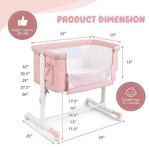 BABY JOY Bassinet Bedside Sleeper, 3 in 1 Folding Crib w/Adjustable Height, Mattress, Lockable Wheels, Storage Pocket & Carry Bag for Infant Newborn, Stationary & Rock, Portable Baby Bassinet (Pink) - color: Pink