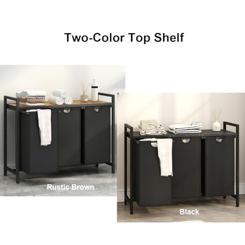 Laundry Hamper, Two -Color 3 Section Laundry Basket with 3 Removable Laundry Sorter Bags and Top Shelf, Clothes Hamper for Laundry Room, Bathroom - style: 3bags-Rustic Brown