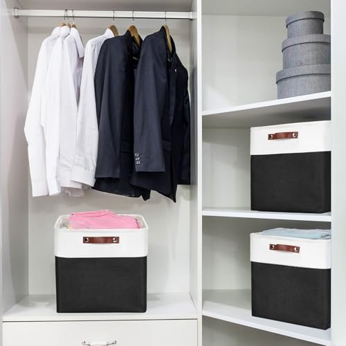 Bagnizer 13x13 Cube Storage Bins, Collapsible Fabric Storage Box, 4 Pack Closet Baskets with Handles for Organizing, Shelf, Toys, Clothes, Home, Office, Nursery (Black&White) - color: Black / Off-White, size: Cube - 13"x13"x13"