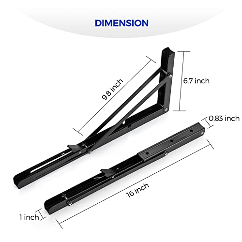 Ravinte 2 Pack 16 Inch Folding Shelf Brackets – Matte Black, Heavy Duty Collapsible Brackets for Tables and Benches – Space-Saving Design - size: 16 Inch