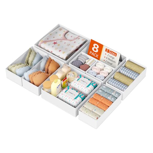 DIMJ Drawer Organizer Clothes, 8 Pack Dresser Organizer, Foldable Closet Organizers and Storage, Fabric Dresser Bins, Drawer Dividers for Nursery, Baby Clothes, Underwears, Sock (white) - color: White, size: 8 Pack
