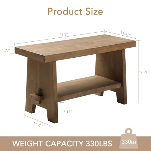 HOKYHOKY Solid Wood Entryway Bench - 31.5" Farmhouse Small Storage Bench, Rustic Narrow Bench Seat for Indoor, Entryway, Dining Room, Living Room and Hallway, Brown - size: 31.5"