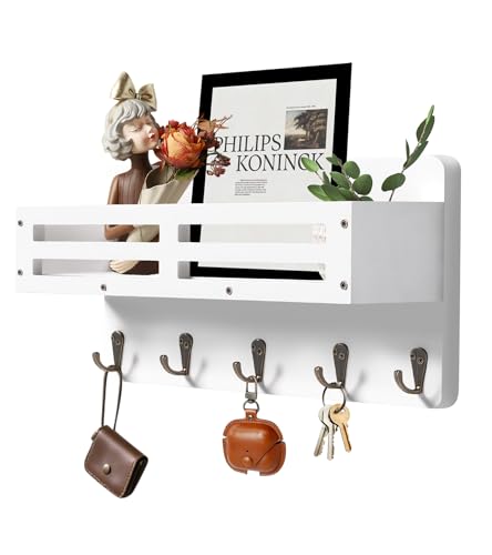 Key Holder Wall Mount Farmhouse Key Hooks for Wall with Mail Organizer Decorative Key Rack with 5 Sturdy Hooks for Dog Leash, Sunglasses, Rustic, Paulownia Key Hanger for Entryway - color: White, size: 13.7IN