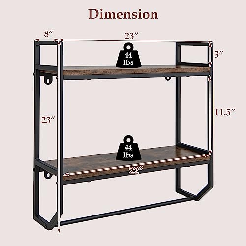 GOFLAME 2-Tier Industrial Bathroom Shelves with Towel Bar, Over the Toilet Shelf Wall Mounted with Metal Frame, Wall Storage Organizer Shelf for Bathroom, Living Room, Kitchen, Rustic Brown