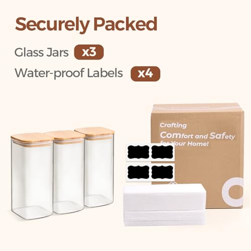 ComSaf Airtight Glass Storage Canister with Wood Lid (1.6 Qt), Clear Food Storage Container Jar with Sealing Lids for Oat Pasta Flour Cereal Rice Sugar Tea Coffee Beans, Set of 3 Square Cookie Jar - size: 1.6Qt*3