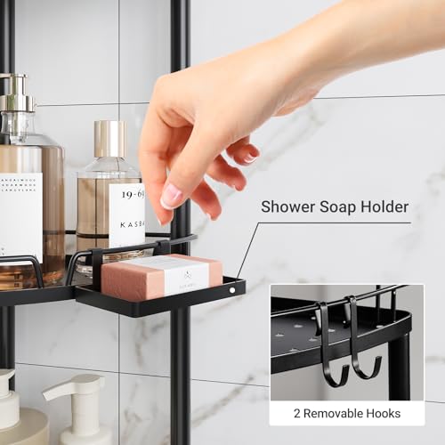 ELYKEN Corner Shower Caddy Standing, 3 Tier Rustproof Metal Shower Organizer with Soap Holder, Floor Shower Corner Shelf Rack Storage Stands with Adjustable Feet & 2 Hooks for Bathroom, Black - color: Black, size: 3 Tier