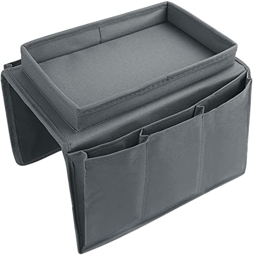 Sofa Armrest Organizer with Top Tray for Couch Recliner, 5 Pockets TV Remote Control Holder Foldable Armchair Bedside Caddy Organizer Storage Bag for Magazines Cellphone Drinks Snacks Tea Cup (Grey) - color: Grey
