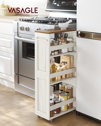 VASAGLE 4-Tier Slide-Out Storage Cart, Slim Kitchen Cart for Small Spaces, with Wheels, Handle, Bathroom, Laundry Room, 7.9 x 17 x 34.1 Inches, Rustic White and Honey Brown ULRC051K01 - color: Rustic White + Honey Brown, size: 7.9"d