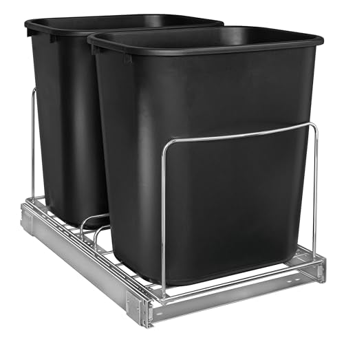 LYNK PROFESSIONAL® Double Pull Out Trash Can Under Cabinet - Under Sink Trash Can Slider - Trash Can Slide Out Drawer - Sliding Pull Out for Kitchen Garbage Bin (Trash Cans Not Included) - size: 14-1/8" W x 20-1/4" L x 11-1/2" H