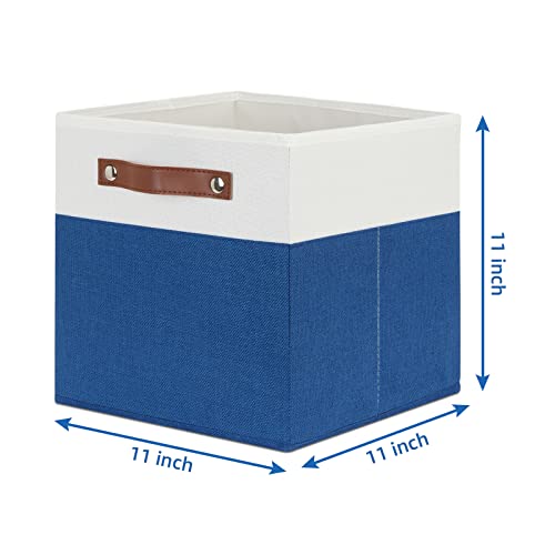 Temary 11 Storage Cube Bins for Shelves, Closet - 4 Pack Fabric Baskets With Leather Handles (White & Blue) - color: White&Blue, size: 11×11×11