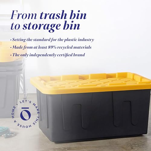 HOMZ 4-Pack Durabilt Tote, Heavy Duty Plastic Storage Bins with Lids, 27 Gallon, Black/Yellow - Stackable Organizing Containers for Home, Garage, and Shed - color: Black Base/Yellow Lid, size: 27 Gallon (Pack of 4)