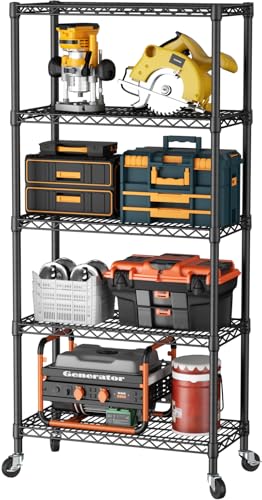 SINGAYE 5 Shelf Storage Wire Shelves Closet Bathroom Organizers Metal Pantry Kitchen Garage Shelving Unit Laundry Room Organization Home Narrow Rack Net Basket with Wheels Black - color: Black, size: 5Tier/14"D X 30"W X 70"H