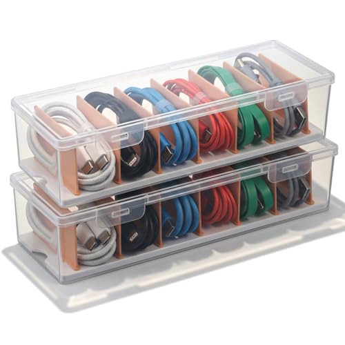 COMNICO 2 Pcs Cable Organizer Box with Lid, Clear Plastic Cord Storage Desk Organizers Desktop Cable Management Multifunctional Accessories for Home Drawer Office