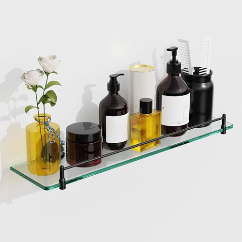 20 Inches Glass Shelves for Bathroom, Matte Black Floating Glass Shelf Stainless Steel Tempered Glass Bathroom Shelves for Wall Mount Modern - color: Matte Black, size: 20"with railing