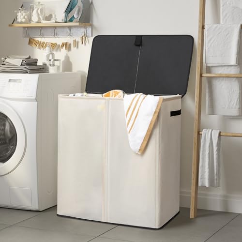 WOWLIVE Laundry Hamper with Lid,160L Large Laundry Basket 3 Section with Removable Washing Bags,Collapsible Waterproof Dirty Clothes Hamper for Laundry Room Bathroom Dorm,Beige - color: Beige, size: 160L (24.8x 14 x 27.5 Inches)