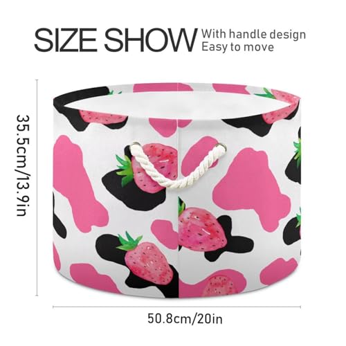 Pink Strawberry Cow Spotted Print Round Storage Basket Large Laundry Hamper 20 x 20 x 14 Inches Organizer Bin with Cotton Rope Handles Clothes Storage Bag for Nursery Bedroom Living Room Decor - color: Pink and Black