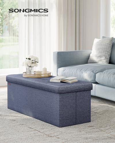 SONGMICS MAZIE Collection - 43 Inches Folding Storage Ottoman Bench, Ottoman Foot Rest, End of Bed Bench, Storage Chest, Load 660 lb, for Living Room, Bedroom, Entryway, Misty Blue ULSF077Q01 - color: Misty Blue, size: 15"D x 43"W x 15"H