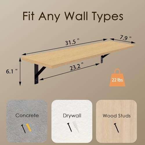 DINZI LVJ Long Wall Shelves, 31.5 Inch Wall Mounted Shelves Set of 2, Easy-to-Install, Wall Storage Ledges with Sturdy Metal Brackets for Living Room, Bathroom, Bedroom, Kitchen, Natural - color: Natural, size: 31.5 Inch