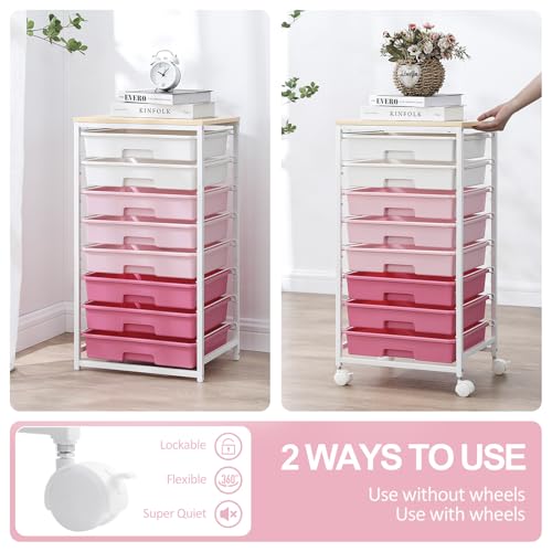 Rolling Cart with Drawers,Storage Cart with 8 Drawers and Wooden Tabletop,Utility Cart for Living Room,Classroom, Bedroom,Bathroom,Dorm,Office,Rose Pink - color: Rose Pink