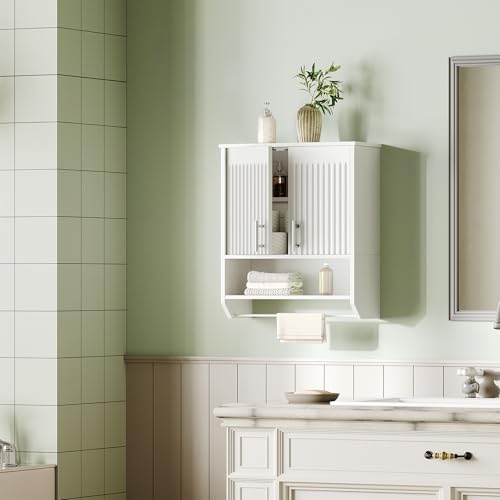 HOOBRO Fluted Bathroom Wall Cabinet, Farmhouse Medicine Cabinet with 2 Fluted Doors, Wall Storage Shelf with Towel Rack, Adjustable Shelf, for Small Spaces, Bathroom, Kitchen, White - color: White, size: 15.7"L x 7.9"W x 22.4"H