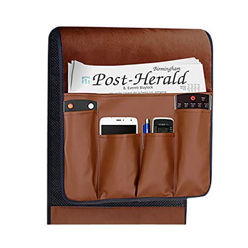 Luxury Leather Sofa Armrest Organizer, Non-slip Couch Sofa Chair Caddy with 5 Pockets for Phone, Book, Magazines, Tablet, Remote Control Holder Recliner Couch Tidy Hanging Storage Bag Arm Chair Tray - color: Brown, Luxury Leather