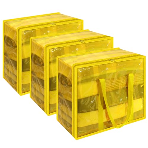 Vieshful 40L Yellow Clear Clothes Storage Bag Colorful Clothes Organizer with Zipper Vinyl Storage Bag for Comforter, Blanket, Bedding, Duvet, Transparent Moving Totes 3 Pack - color: Yellow-3 Pack, size: 40L