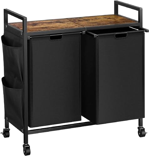 WOWLIVE Double Laundry Hamper with Lid,Rolling Laundry Basket Organizer with Wheels, Iron-Made Laundry Sorter with Top Shelf and 2 Removable Bags,Large Clothes Storage for Room,Black 1 - color: Black, size: 110L (30.0 x 13 x 32 Inches)