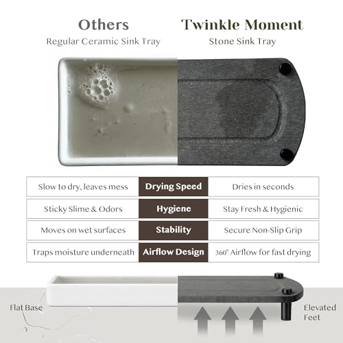 2PCS Water Absorbing Stone Soap Tray for Kitchen Bathroom Sink, Quick Dry Diatomaceous Earth Drying Rack and Shower Caddy, Soap Dispenser and Sponge Holder Organizer for Countertop, TWINKLE MOMENT; Dark Gray - color: Dark Gray