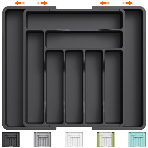 Lifewit Utensil Organizer for Kitchen Drawer, Expandable Cooking Silverware Tray, Adjustable Cutlery Flatware Holder, Plastic Spatula Tools Storage Divider, 13-22.4 x 15", Black - color: Black, size: XL (13-22.4"W × 15"D )