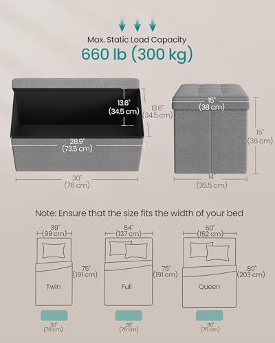 SONGMICS MAZIE Collection - 30 Inches Folding Storage Ottoman Bench, Ottoman Foot Rest, End of Bed Bench, Storage Chest, Load 660 lb, for Living Room, Bedroom, Entryway, Light Gray ULSF47G - color: Light Gray, size: 15"D x 30"W x 15"H