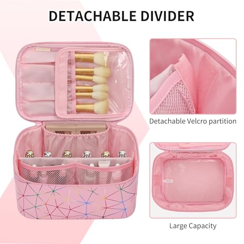 OCHEAL Makeup Bag - Portable Large Capacity Travel Cosmetic Case for Women with Handle and Divider Toiletry Organizer for Girls on the Go -Geometric Pink - color: 0021_Geometric Pink, size: Medium