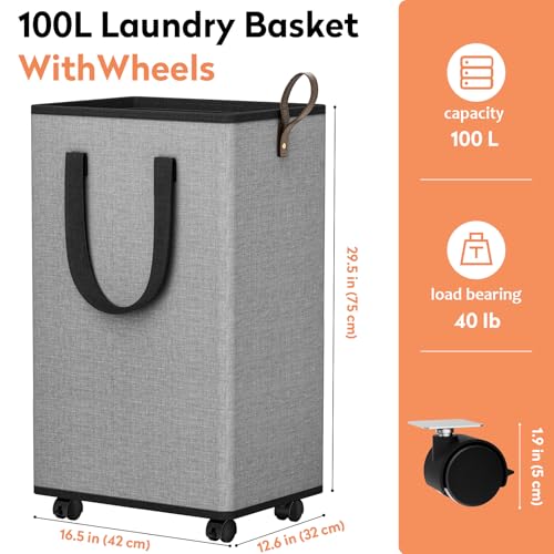SpaceTrove Laundry Basket with Wheels, Collapsible Laundry Baskets, Laundry Hamper with Handles Detachable Wheels, Rolling Laundry Basket, Dirty Clothes Hamper for Bathroom, Dorm, Bedroom, Grey, 100L - color: Grey, size: 100L