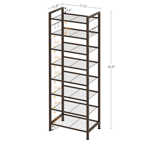 usikey 8 Tiers Narrow Shoe Rack 16-24 Pairs, Sturdy Metal Tall Shoe Rack with 4 Hooks, Slim Shoe Storage Organizer with Metal Shelf, Space Saving Vertical Shoe Shelf for Entryway BronzeUNYXJX016A - color: 8 Tier ( 17.9 X 11 X 55.5 Inches)-bronze