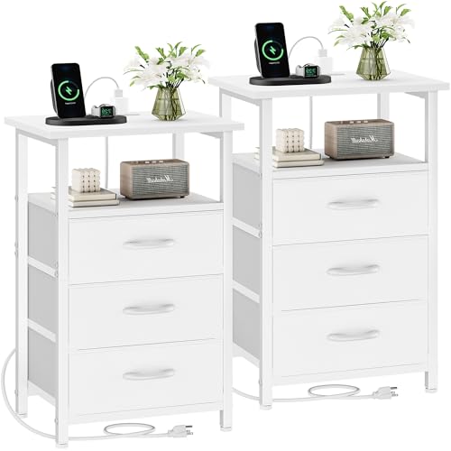 Vagusicc Nightstand Set of 2 with Charging Station, Bedside Table with USB Ports and Outlet, End Table Side Table with 2 Fabric Drawers and Storage Shelf, Bed Side Table Night Stand for Bedroom, White - color: White, size: 2 Pieces, style: Ordinary