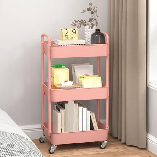 Sywhitta 3-Tier Plastic Rolling Utility Cart with Handle, Multi-Functional Storage Trolley for Office, Living Room, Kitchen, Movable Storage Organizer with Wheels, Pink - color: Pink, size: 3-tier