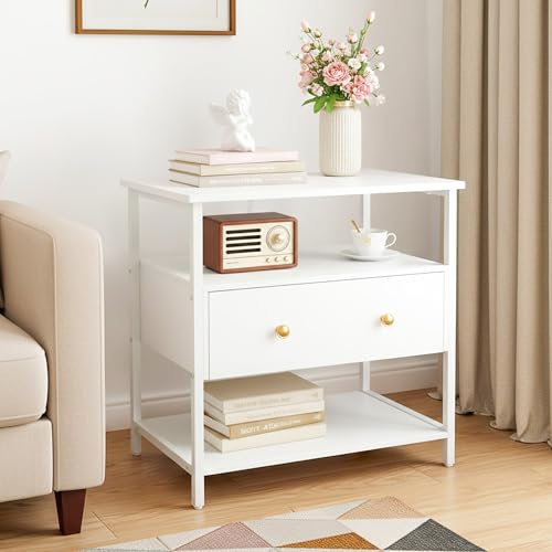 Edbuosy 27 Inch Wide Night Stand with Charging Station, Wood Nightstand with Open Shelf, Large Drawer Bedside Table for Living Room/Bedroom/Office (White) - color: White, size: 1 Drawer