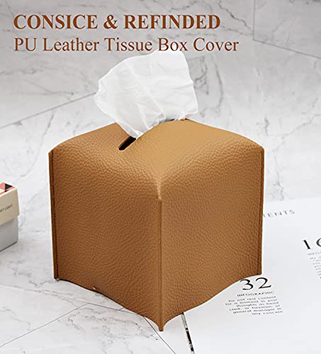 Livelab Tissue Box Cover, Modern Square Decorative PU Leather Facial Paper Case Organizer Holder Dispenser for Bathroom, Vanity Countertop, Night Stands, Desk, Car 5X5X5'' | Camel - color: Camel