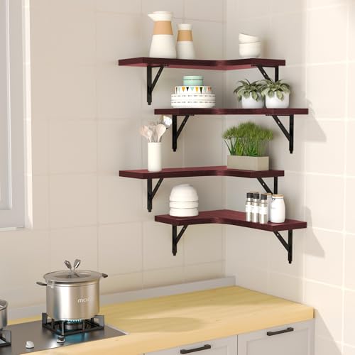 ROMGUAR CRAFT Corner Floating Shelves Wall Mounted Set of 4, Rustic Wood Storage Display Wall Shelves for Home Decor, Bathroom, Kitchen, Bedroom, Living Room, Office (Red) - color: Red
