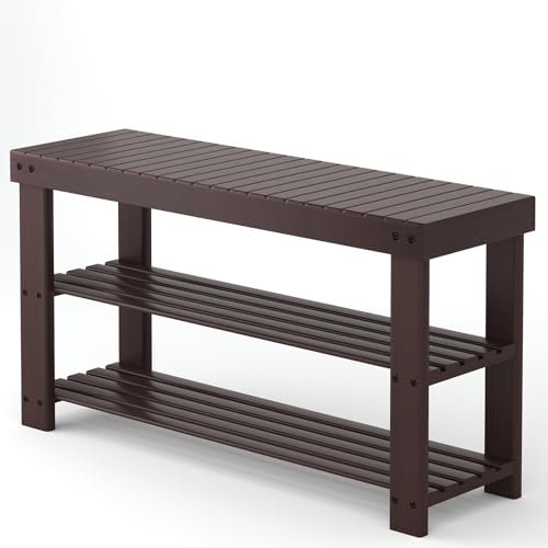 Sweetcrispy Shoe Rack Bench, 3-Tier Bamboo Entryway Storage Organizer, 286lb Capacity, Shoes Stand for FrontDoor Entrance, Bedroom, Living Room, Bathroom, Balcony, 35 Inches Length, Brown - color: Brown, size: 35 inches WIdth