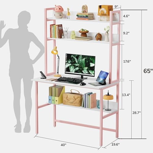 Aquzee Girls Desk with Hutch, 40“W x 19.6" D Computer Desk with Shelves, Tall Home Office Desk with Bookshelf, Metal Legs Study Table with Upper Storage Shelf for Study Writing/Workstation, Pink - color: Pink, size: 40inch