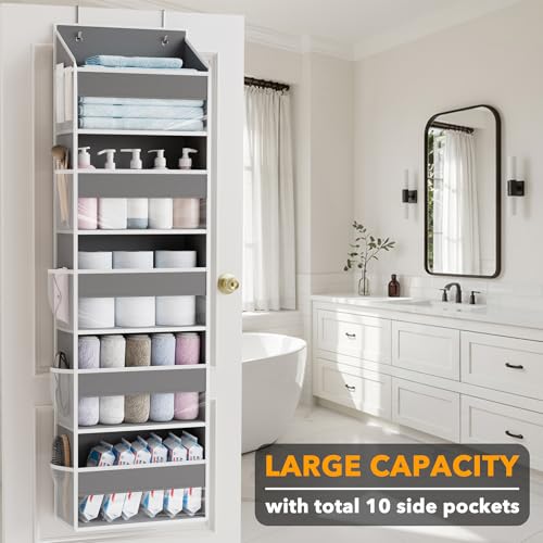 SpaceAid 1 Pack Over The Door Organizer with 5 Large Pockets and 10 Mesh Side Pockets, 5 Layers Door Organizer Hanging with Clear Window for Bedroom, Bathroom, Pantry and Nursery, Gray - color: Gray, size: 1 Pack