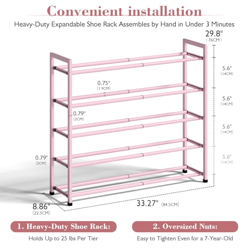 Bumusty 5-Tier Expandable Shoe Rack for Closet, 18“-33” Adjustable Shoe Rack for Small Space, Small Shoe Organizer for Front Door, Sturdy Metal (Pink) - color: Pink, size: 5-Tier