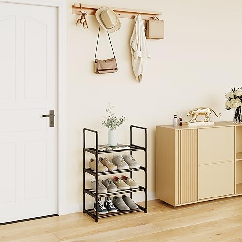 Metal Stackable Small Shoe Rack Organizer, Narrow Shoe Racks for Closets Entryway, Shoe Stand,Shoe Shelf with Handle(4-Tier-Black) - size: 4-Tier-Black