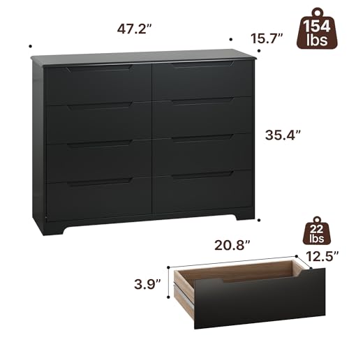 Gizoon 8 Drawer Dresser, 47" Wide Black Dresser for Bedroom with Cut-Out Handles, Modern Wooden Chest of Drawers with Anti-Tip Kit, for Living Room, Hallway, Entryway, Home Office - color: Black, size: 15.7"D x 47.2"W x 35.4"H (8 Drawers)
