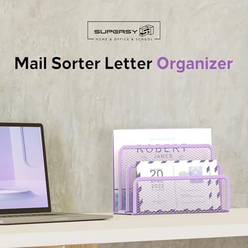 SUPEASY Mail Organizer for Desk, Mesh Metal Mail Holder Countertop with 3-Slot, Letter Sorter File Holder, Office Envelope Organizer for Mails (Purple) - color: Purple